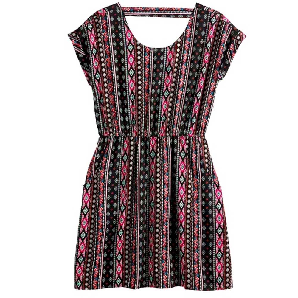 PINK REPUBLIC Aztec Tribal Short Sleeve Dress Pockets Open Keyhole Back Medium